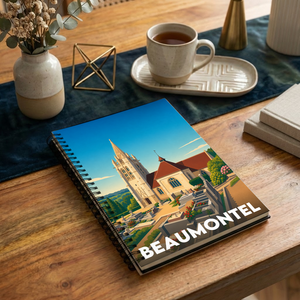 Carnet souvenir de la ville de Beaumontel avec une illustration stylisée de son église.