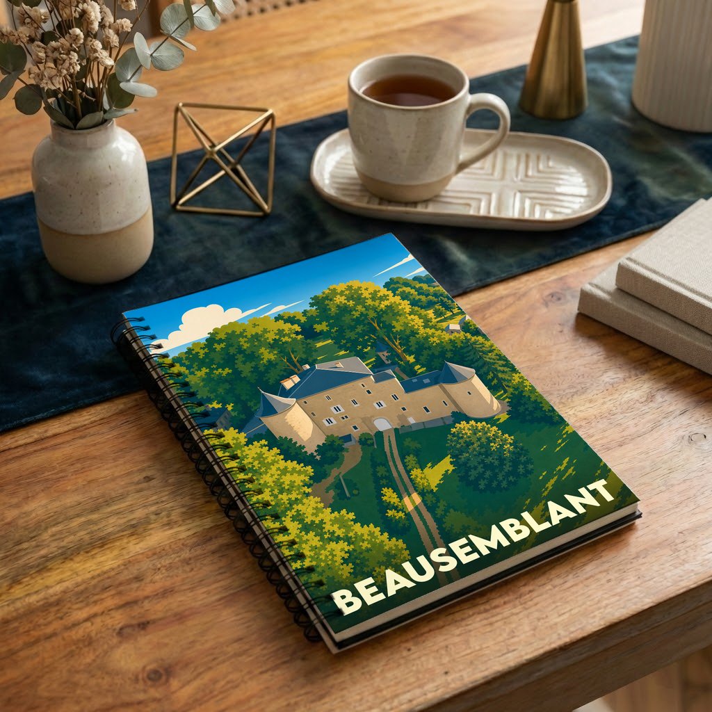 Carnet à spirales souvenir de la ville de Beausemblant illustré d'un château entouré de verdure.