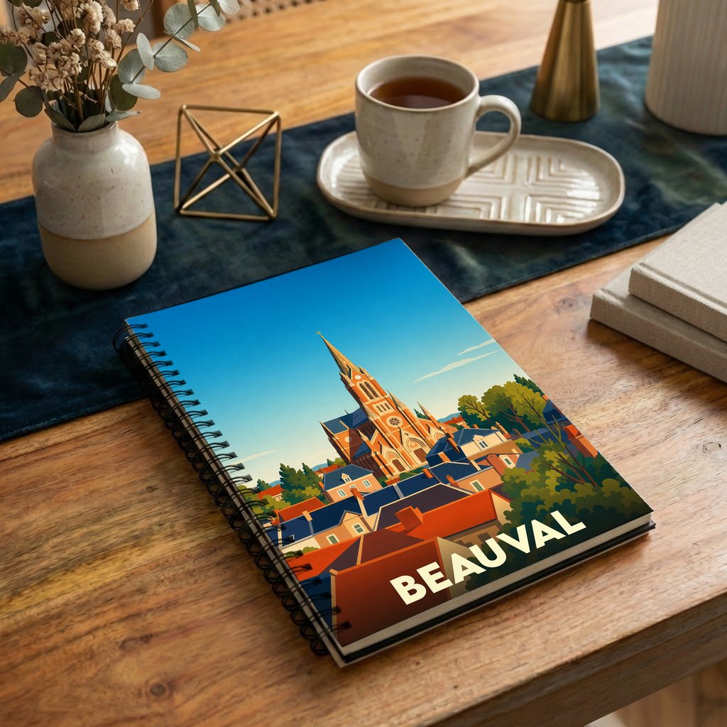 Carnet à spirales souvenir de la ville de Beauval avec une illustration stylisée de son église et de ses toits.