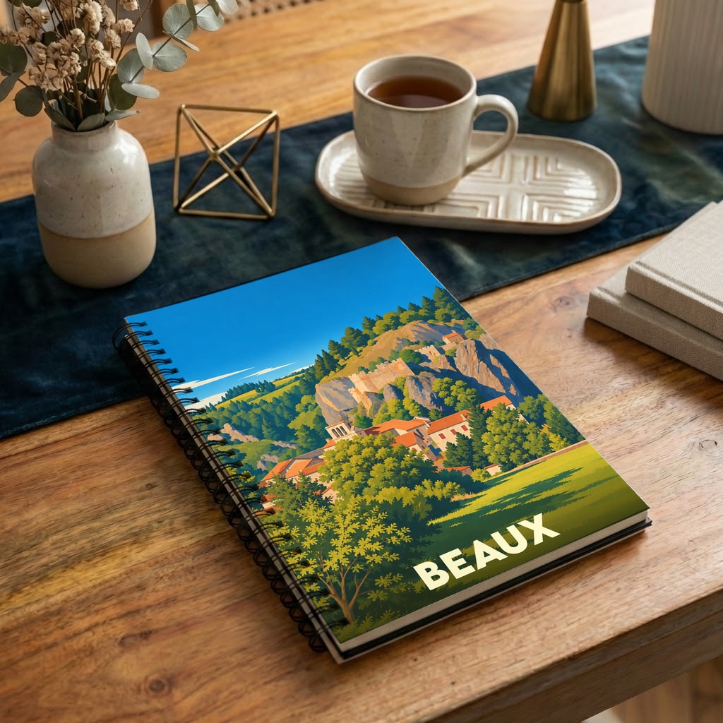 Carnet souvenir de la ville de Beaux illustré par un paysage de village perché.