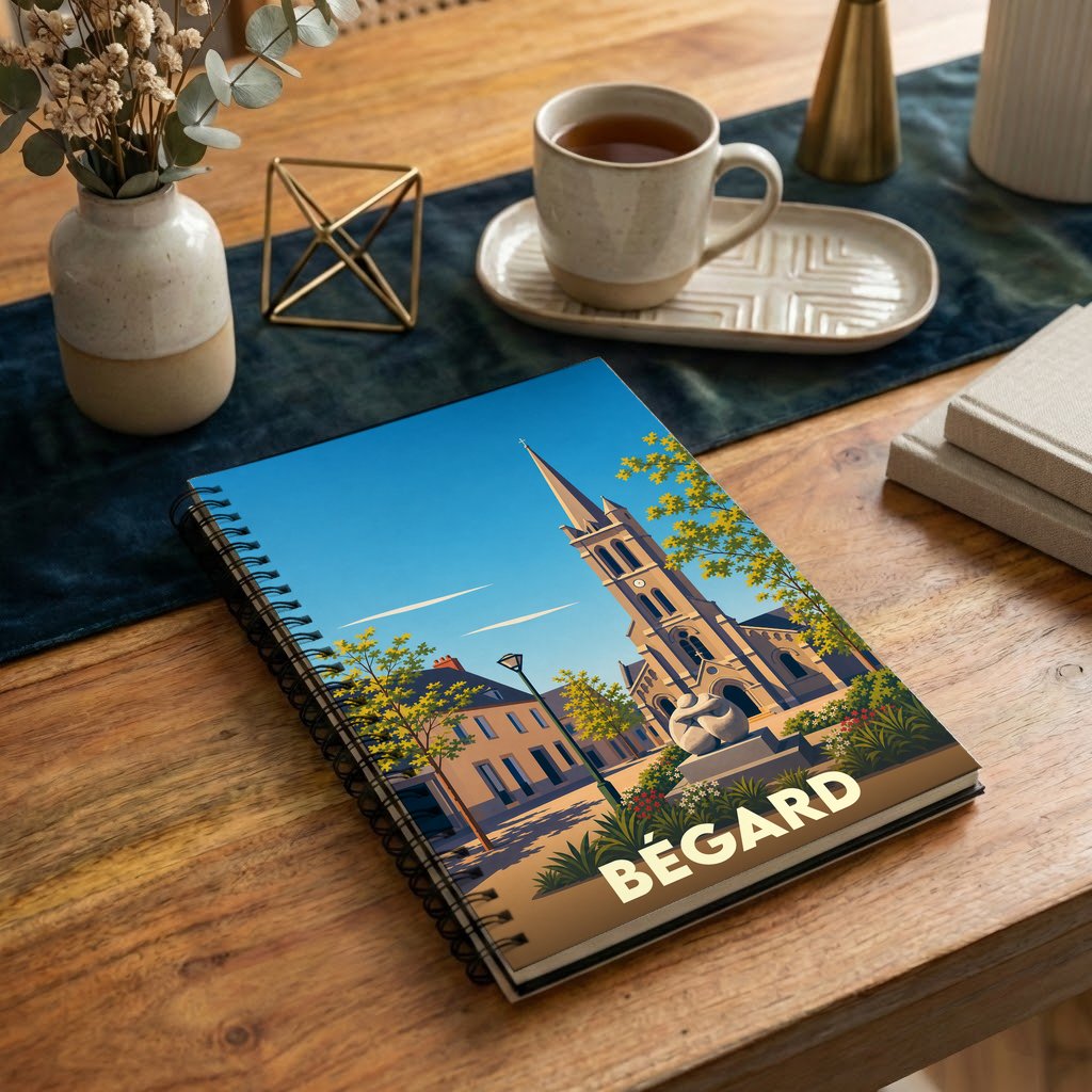 Carnet à spirale souvenir de la ville de Bégard avec une illustration stylisée de son église.