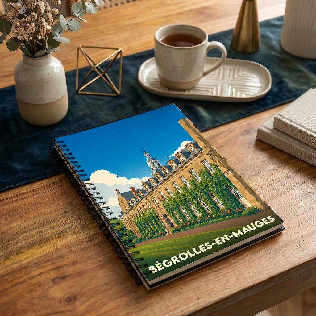 Carnet de notes souvenir de Bégrolles-en-Mauges illustré d'une vue stylisée de l'abbaye de Bellefontaine.