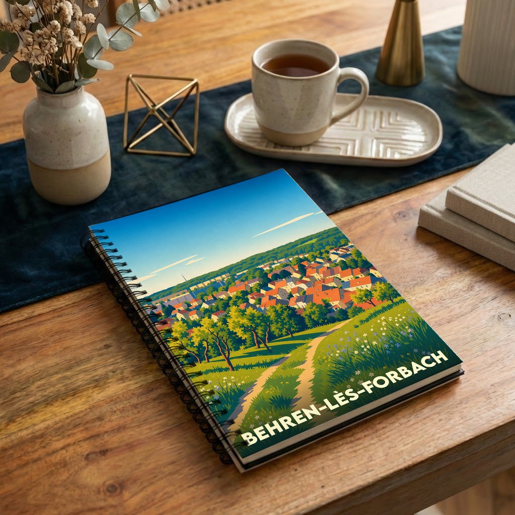 Carnet à spirales souvenir de la ville de Behren-lès-Forbach avec une illustration stylisée de son paysage urbain.