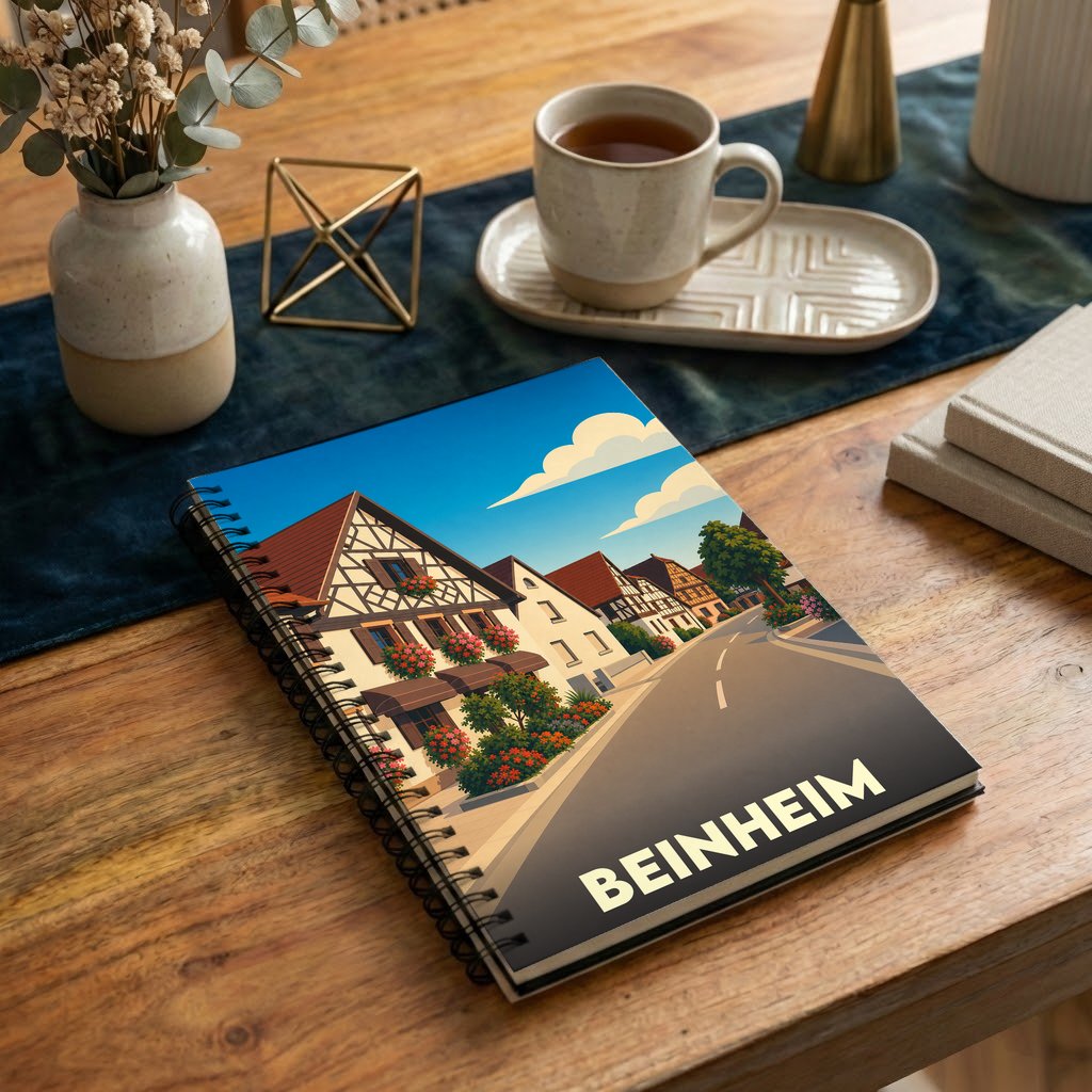 Carnet de notes à spirales souvenir de la ville de Beinheim avec une illustration stylisée de ses maisons traditionnelles.