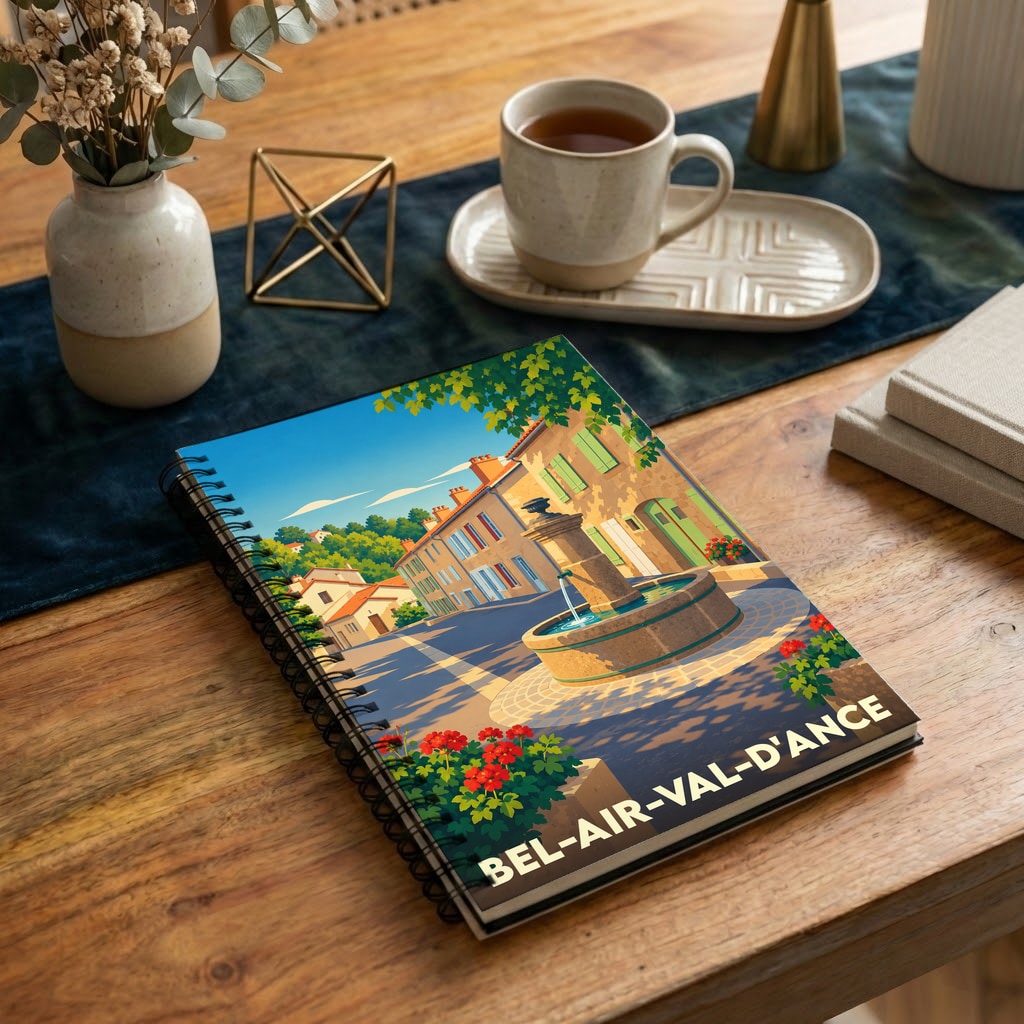 Carnet à spirales souvenir de la ville de Bel-Air-Val-d'Ance avec une illustration stylisée d'une place ensoleillée et sa fontaine.