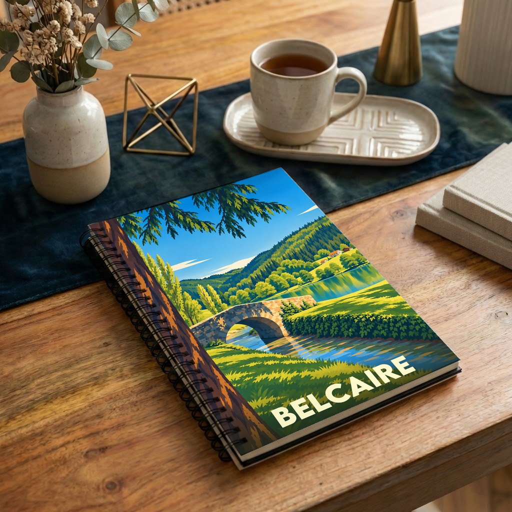 Carnet à spirale souvenir de la ville de Belcaire avec une illustration stylisée d'un pont en pierre.