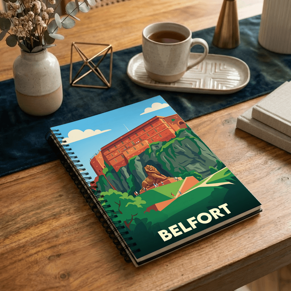 Carnet souvenir de la ville de Belfort avec une illustration stylisée du Lion et de la Citadelle.
