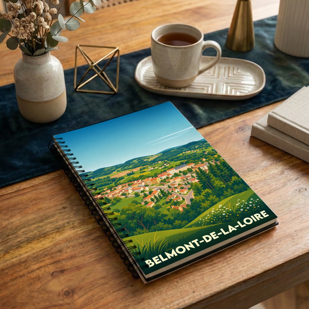 Carnet à spirales souvenir de Belmont-de-la-Loire avec une illustration stylisée du village niché dans un paysage vallonné.