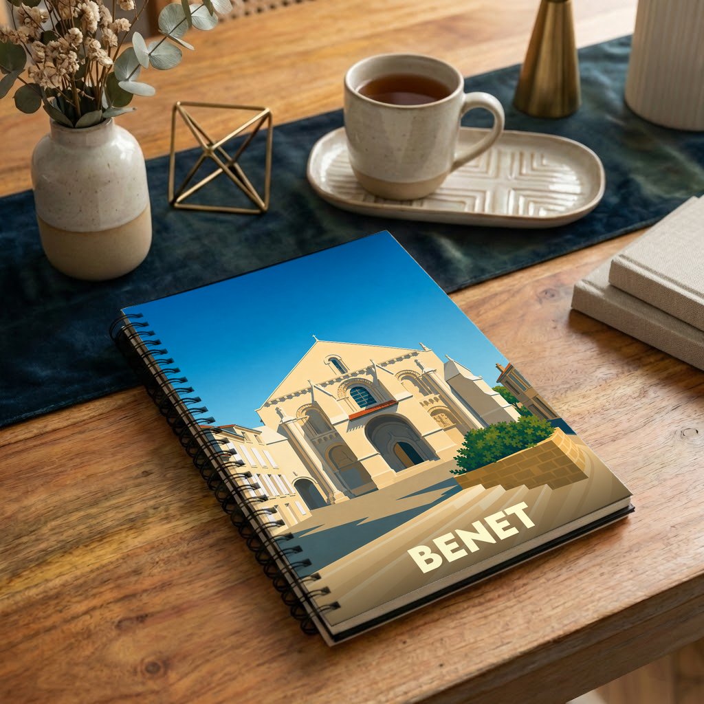 Carnet souvenir de la ville de Benet avec une illustration stylisée de son église.