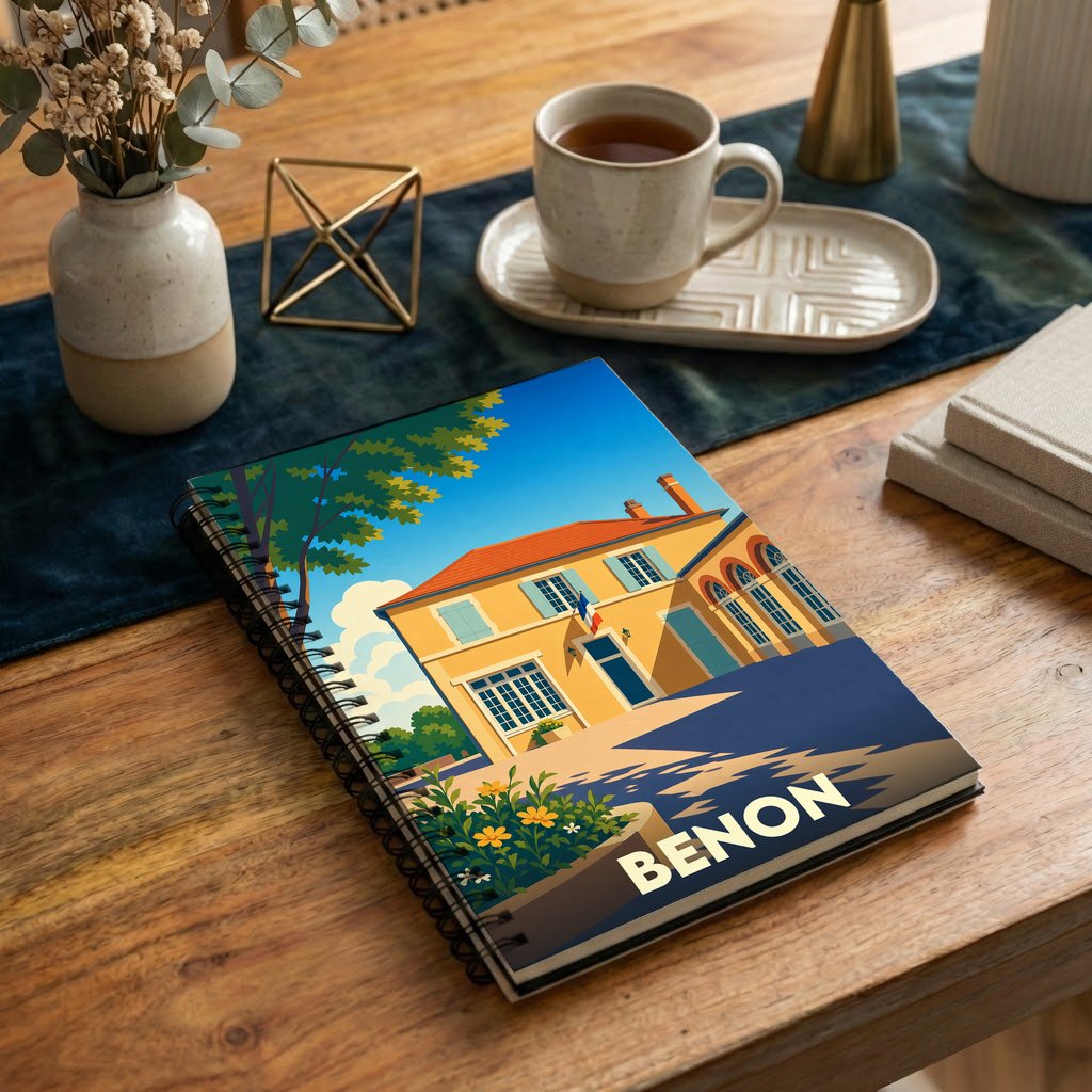 Carnet à spirale souvenir de la ville de Benon avec une illustration stylisée d'une maison ensoleillée.
