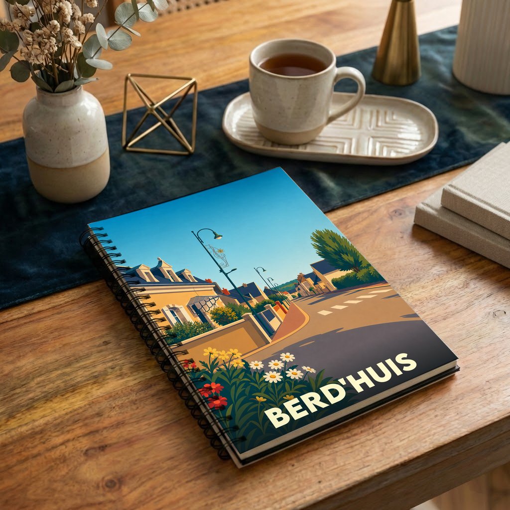 Carnet à spirales souvenir de la ville de Berd'huis avec une illustration stylisée d'une rue ensoleillée.