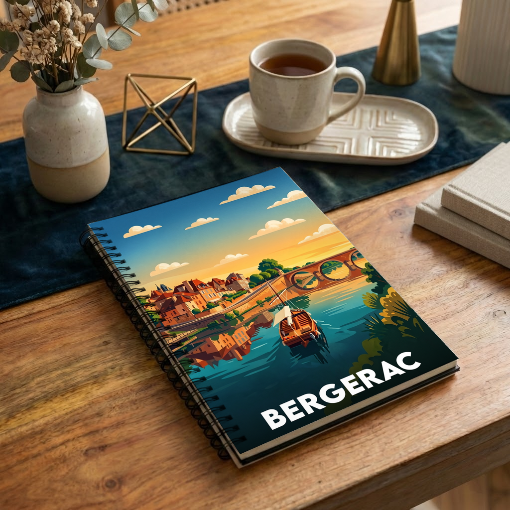 Carnet souvenir de la ville de Bergerac avec une illustration stylisée.