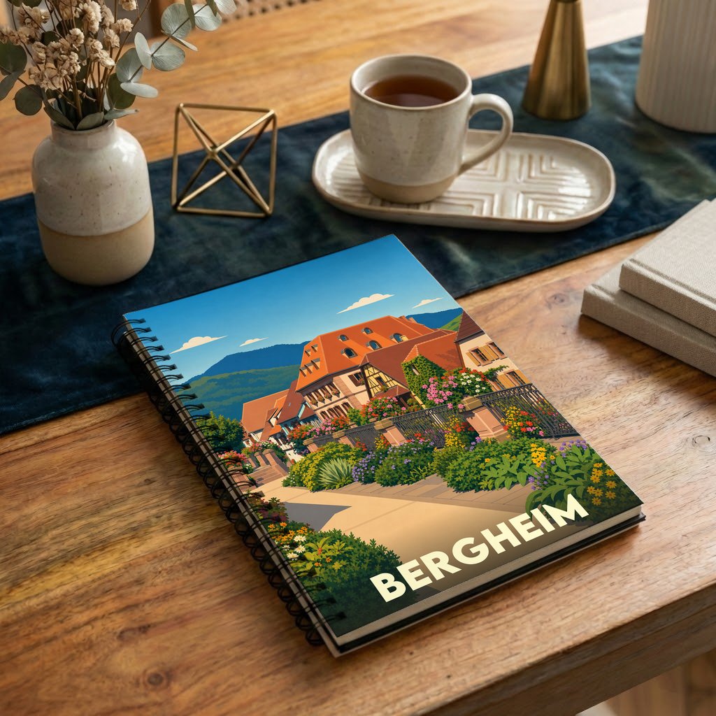 Carnet à spirales souvenir de la ville de Bergheim avec une illustration stylisée et colorée.
