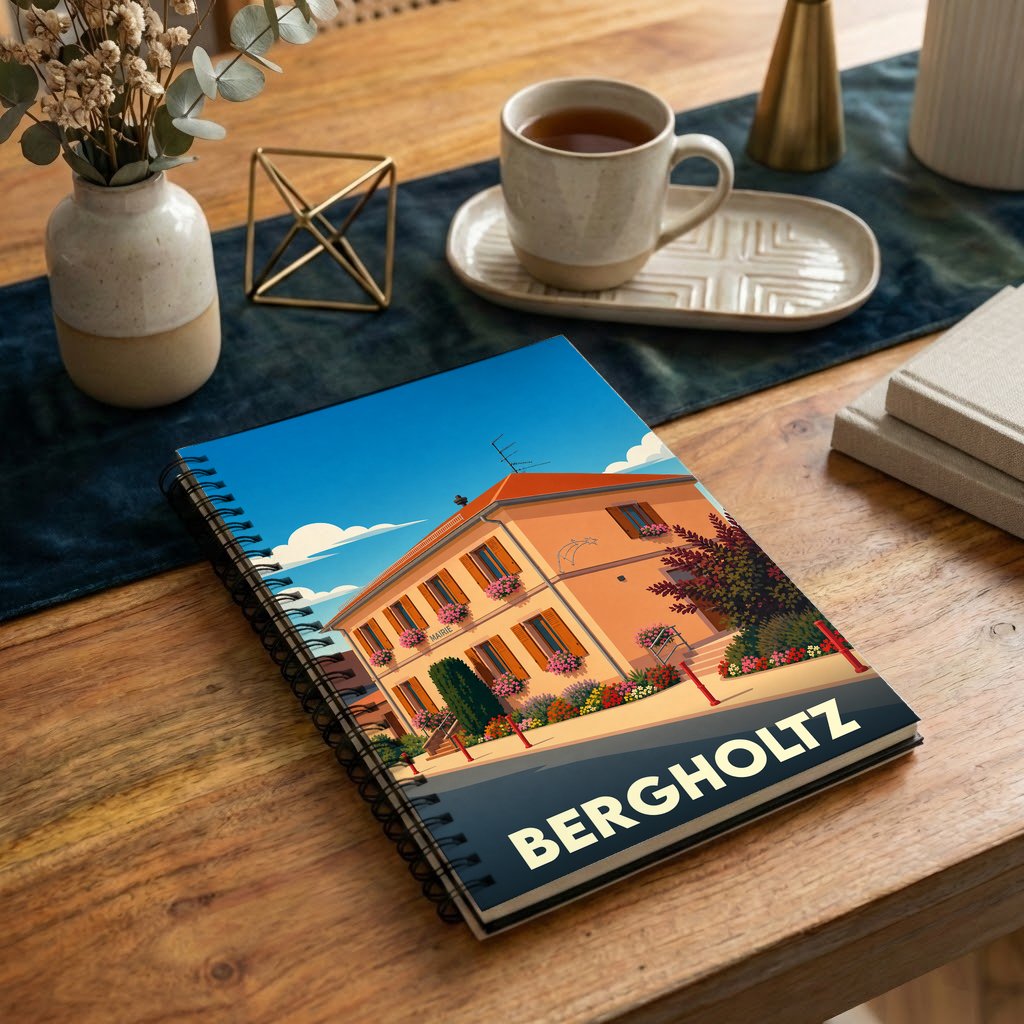 Carnet souvenir de la ville de Bergholtz avec une illustration stylisée.
