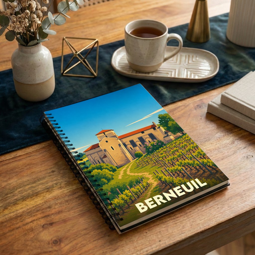 Carnet souvenir de la ville de Berneuil avec une illustration stylisée de son église et de ses vignobles.