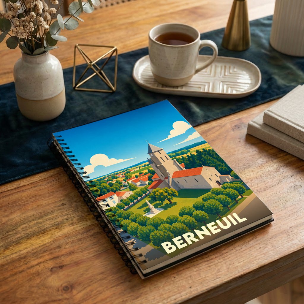 Carnet souvenir de la ville de Berneuil avec une illustration stylisée.