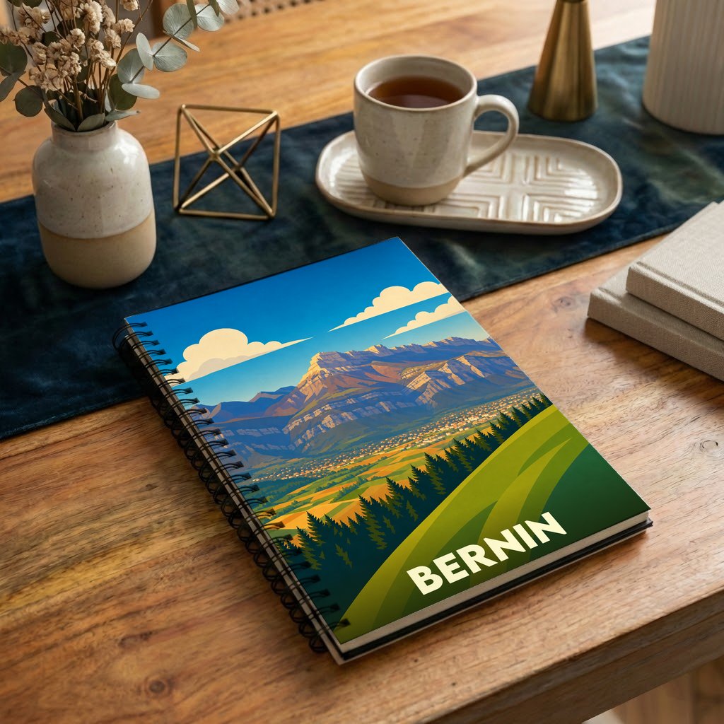 Carnet souvenir de la ville de Bernin avec une illustration de paysage montagneux stylisée.