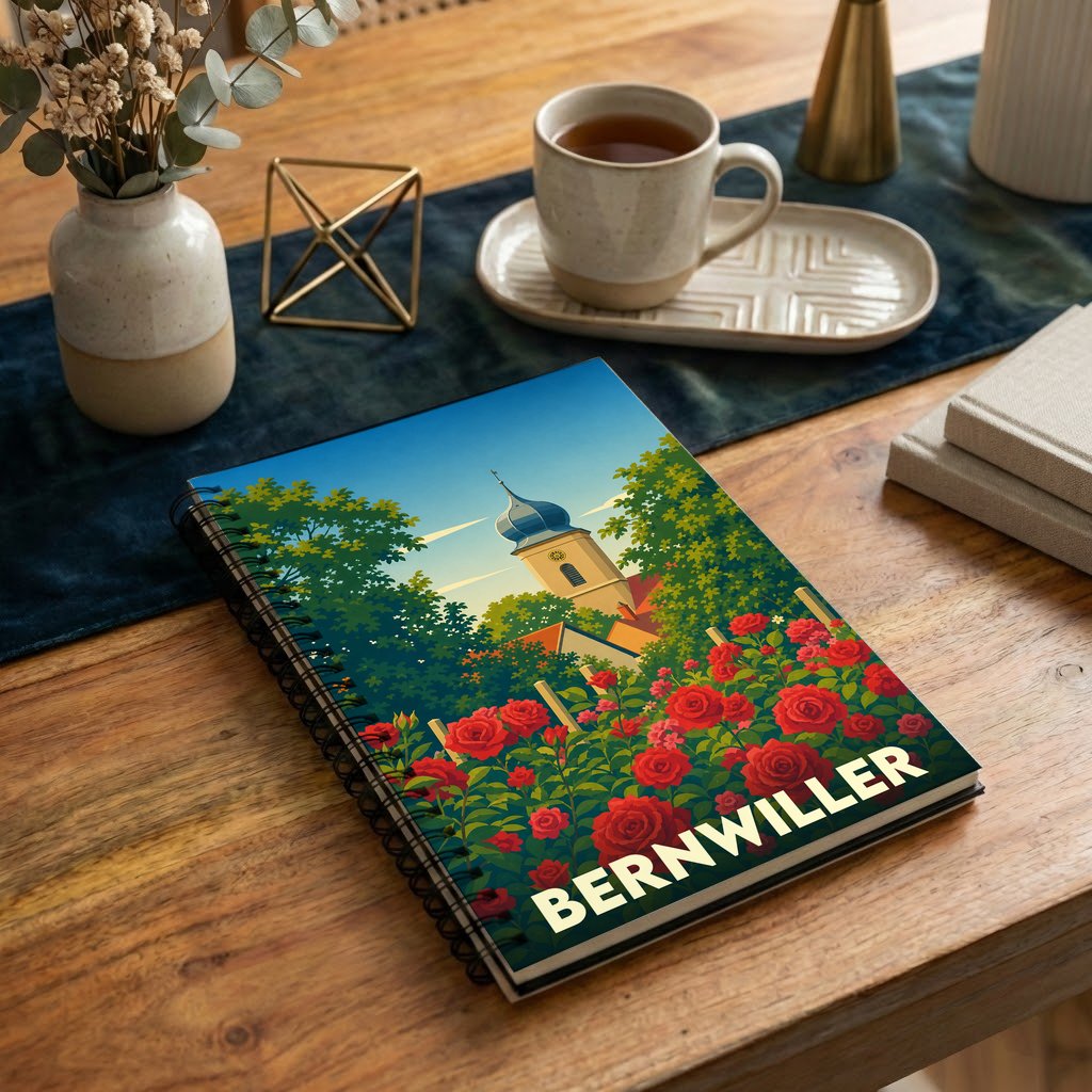 Carnet souvenir de la ville de Bernwiller avec une illustration stylisée d'un jardin de roses et d'un clocher.