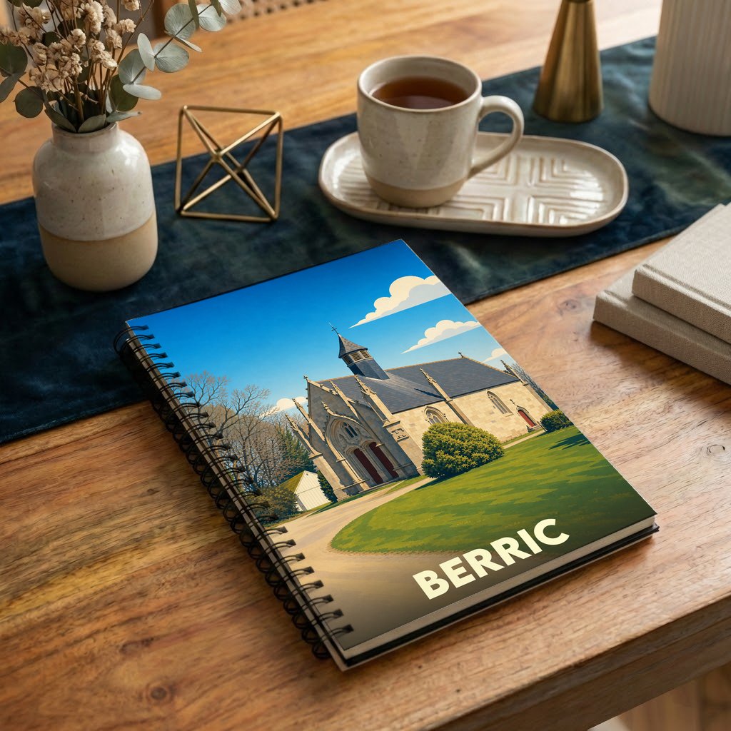 Carnet à spirales souvenir de la ville de Berric avec une illustration stylisée d'une chapelle.