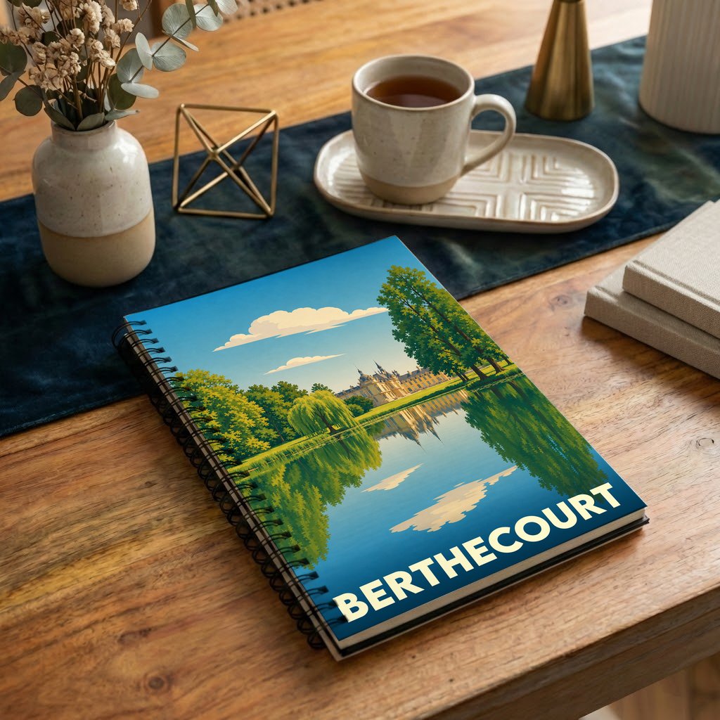Carnet à spirales souvenir de la ville de Berthecourt avec une illustration stylisée de son château et son étang.