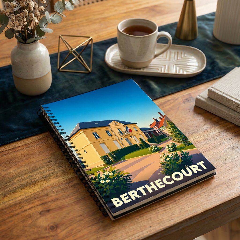 Carnet souvenir de la ville de Berthecourt avec une illustration colorée et stylisée.