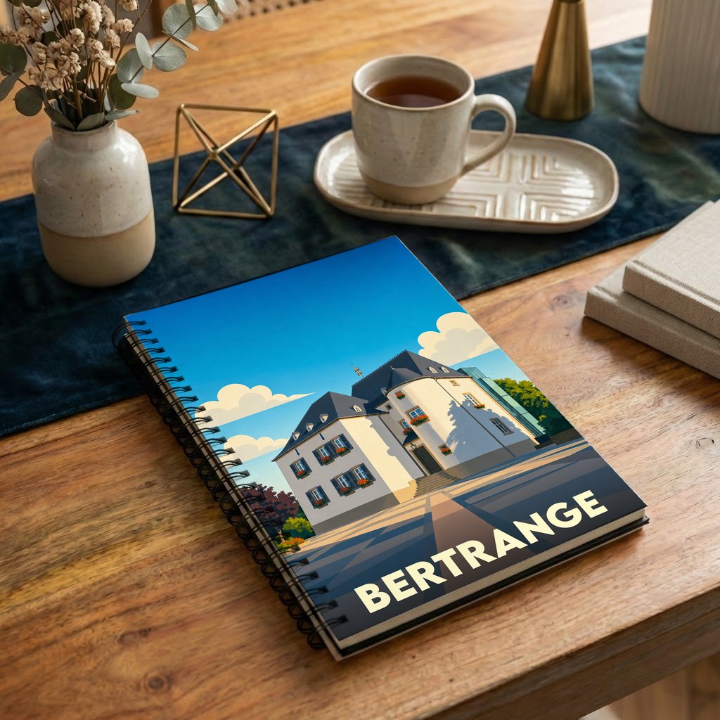 Carnet souvenir de la ville de Bertrange avec une illustration stylisée de son architecture.