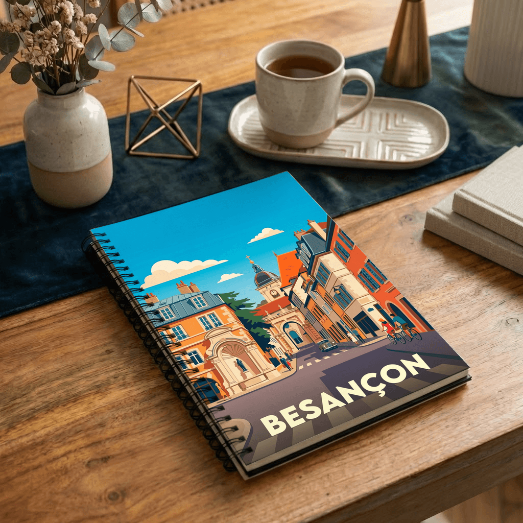 Carnet souvenir de la ville de Besançon avec une illustration stylisée et colorée.