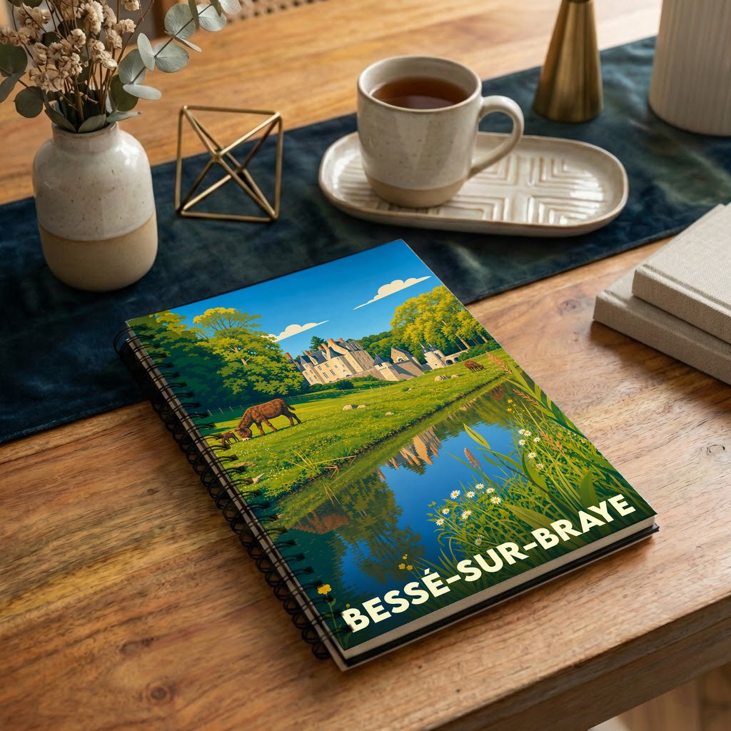 Carnet souvenir à spirale de la ville de Bessé-sur-Braye illustré d'un paysage champêtre avec château.