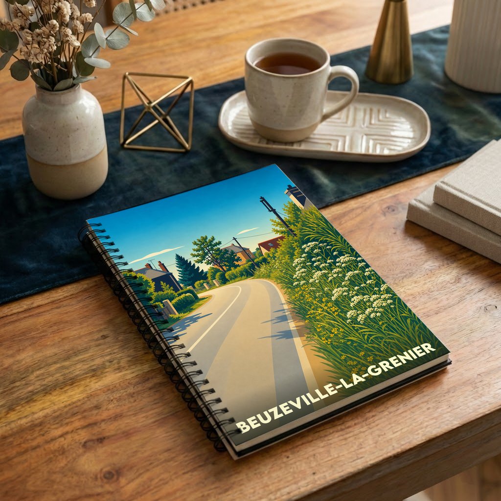 Carnet souvenir de la ville de Beuzeville-la-Grenier avec une illustration paysagère stylisée.