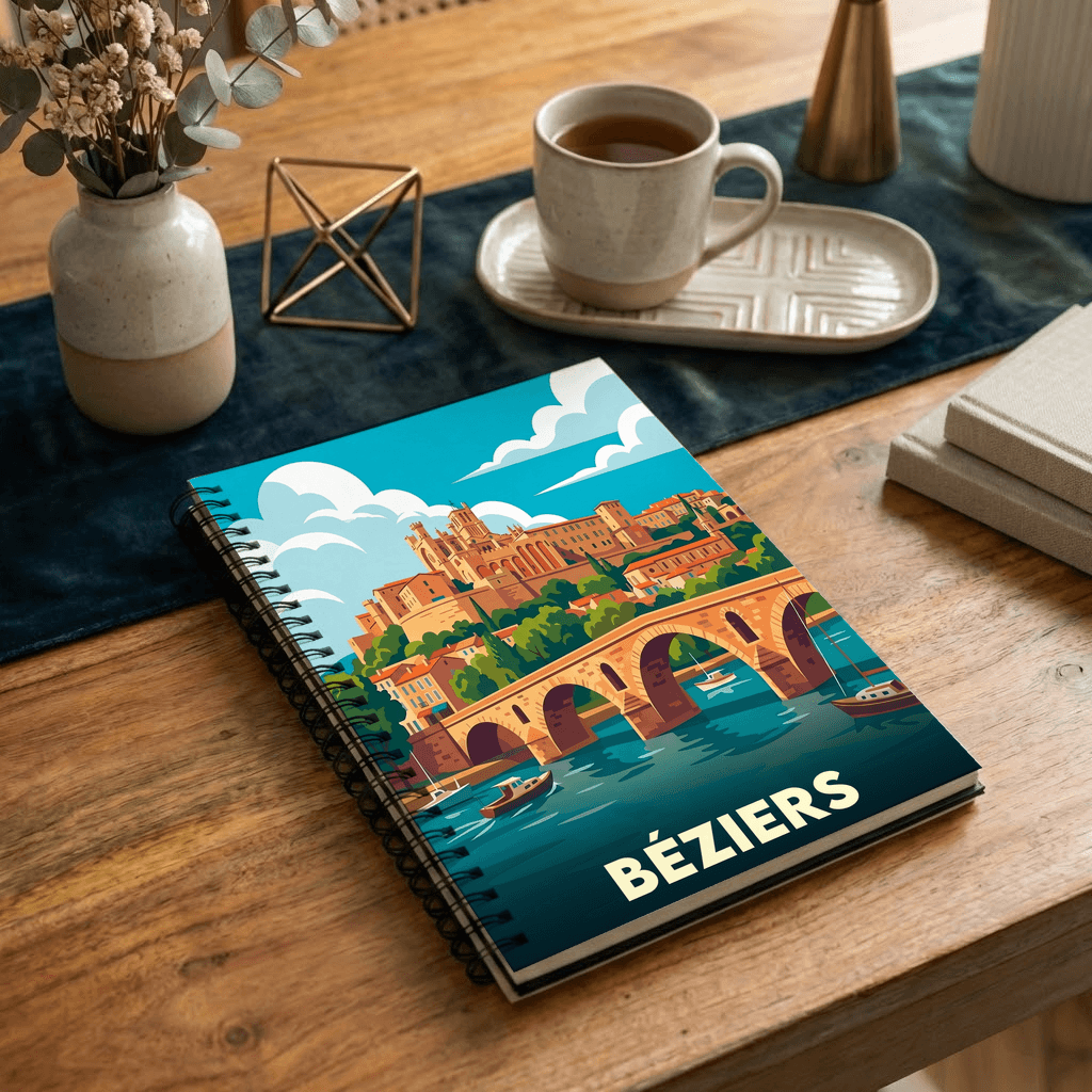 Carnet souvenir de la ville de Béziers avec une illustration stylisée de ses monuments emblématiques.