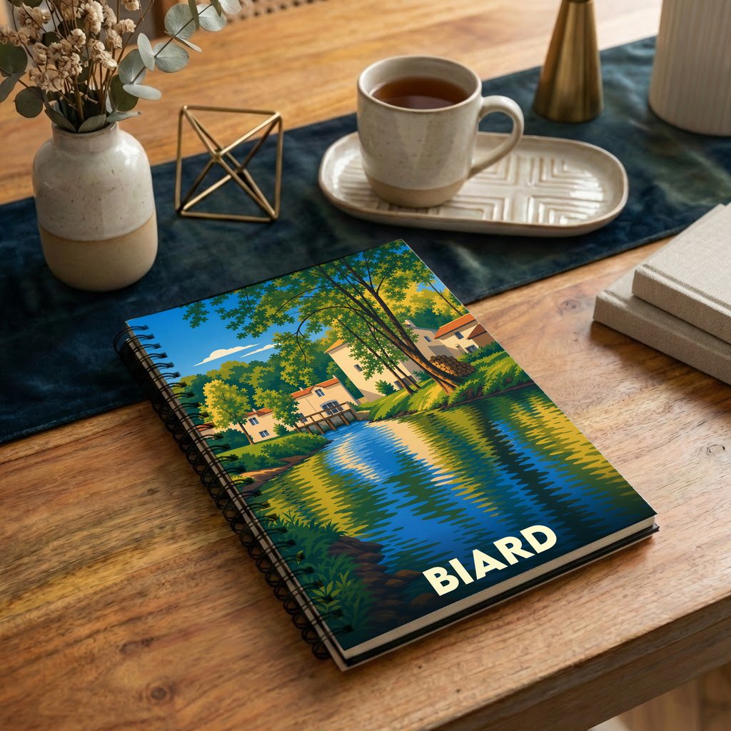 Carnet souvenir de la ville de Biard avec une illustration stylisée d'un paysage au bord de l'eau.