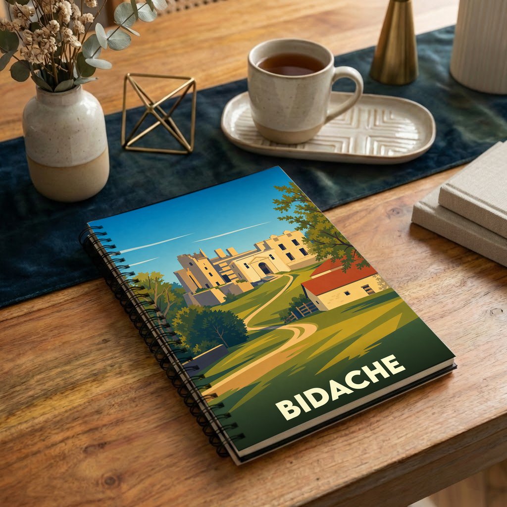 Carnet de notes souvenir de la ville de Bidache avec une illustration stylisée de son château.