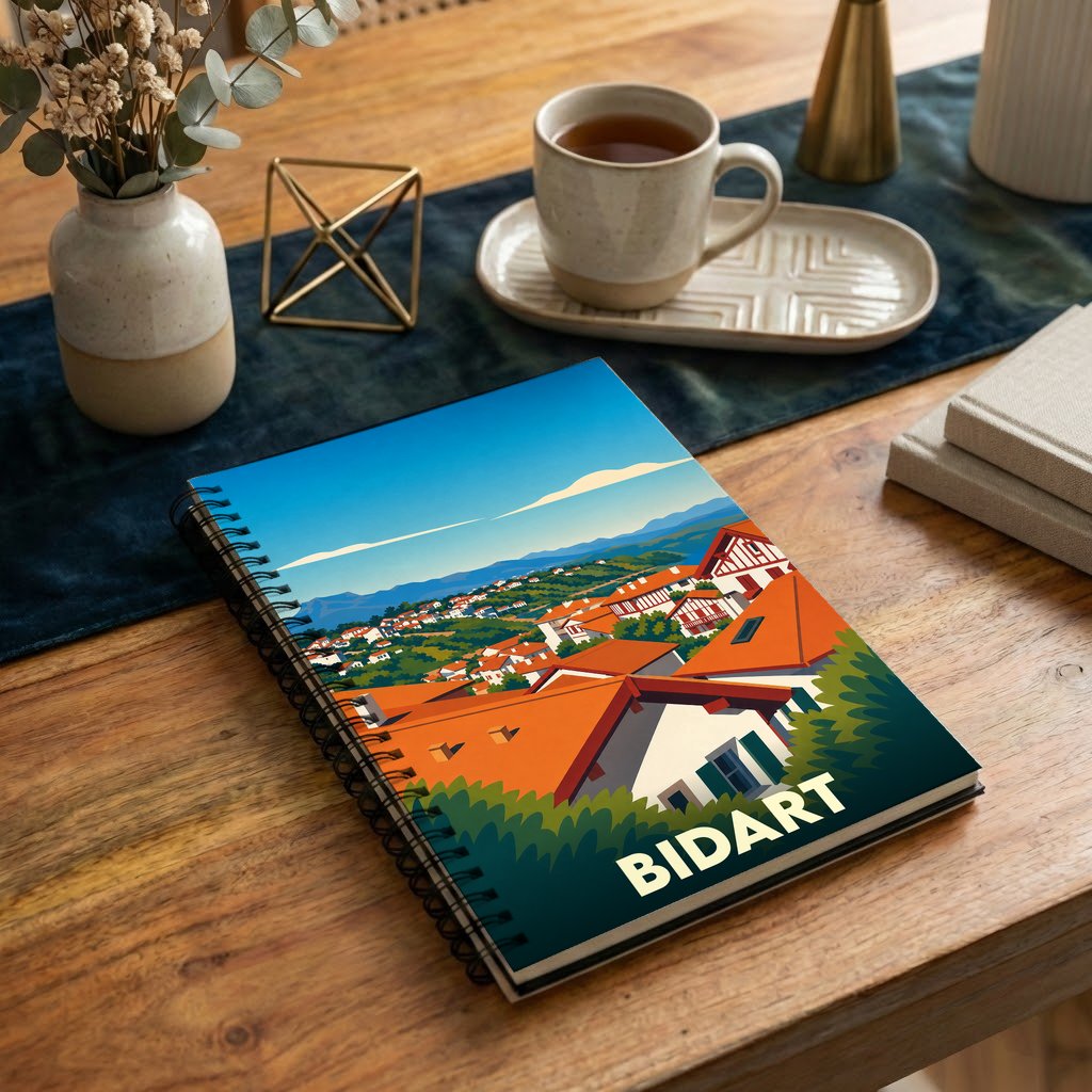 Carnet à spirales souvenir de la ville de Bidart avec une illustration stylisée de ses toits rouges.