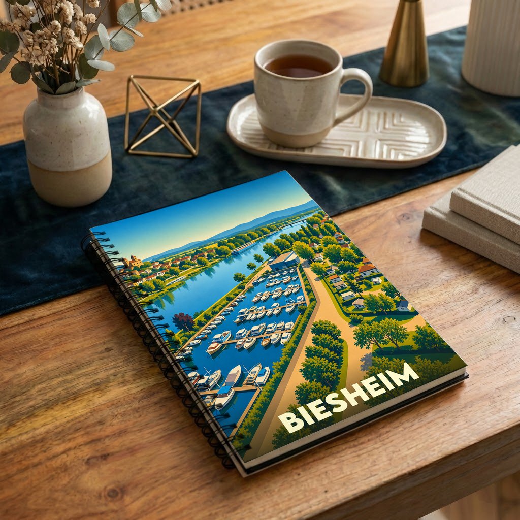 Carnet souvenir de la ville de Biesheim orné d'une illustration stylisée de son port de plaisance.