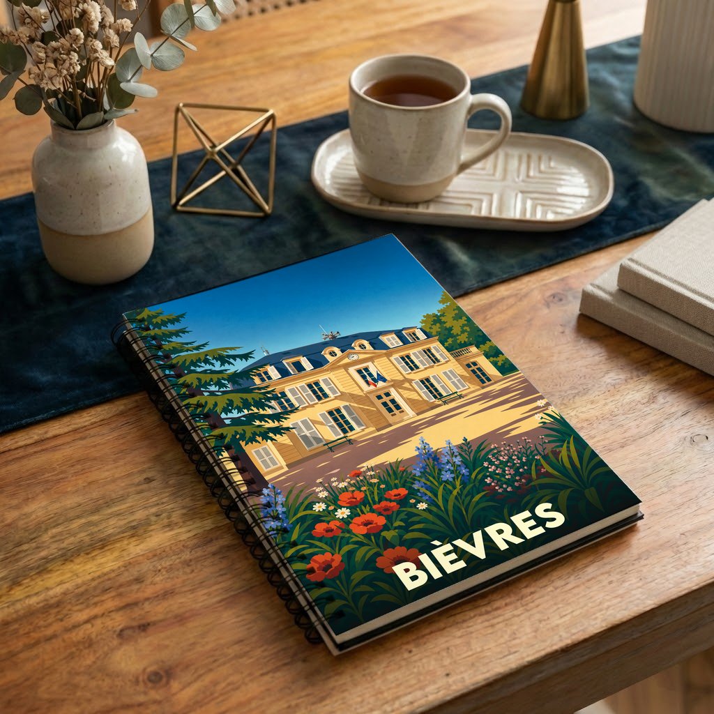 Carnet à spirales souvenir de la ville de Bièvres avec une illustration stylisée de sa mairie et de jardins fleuris.