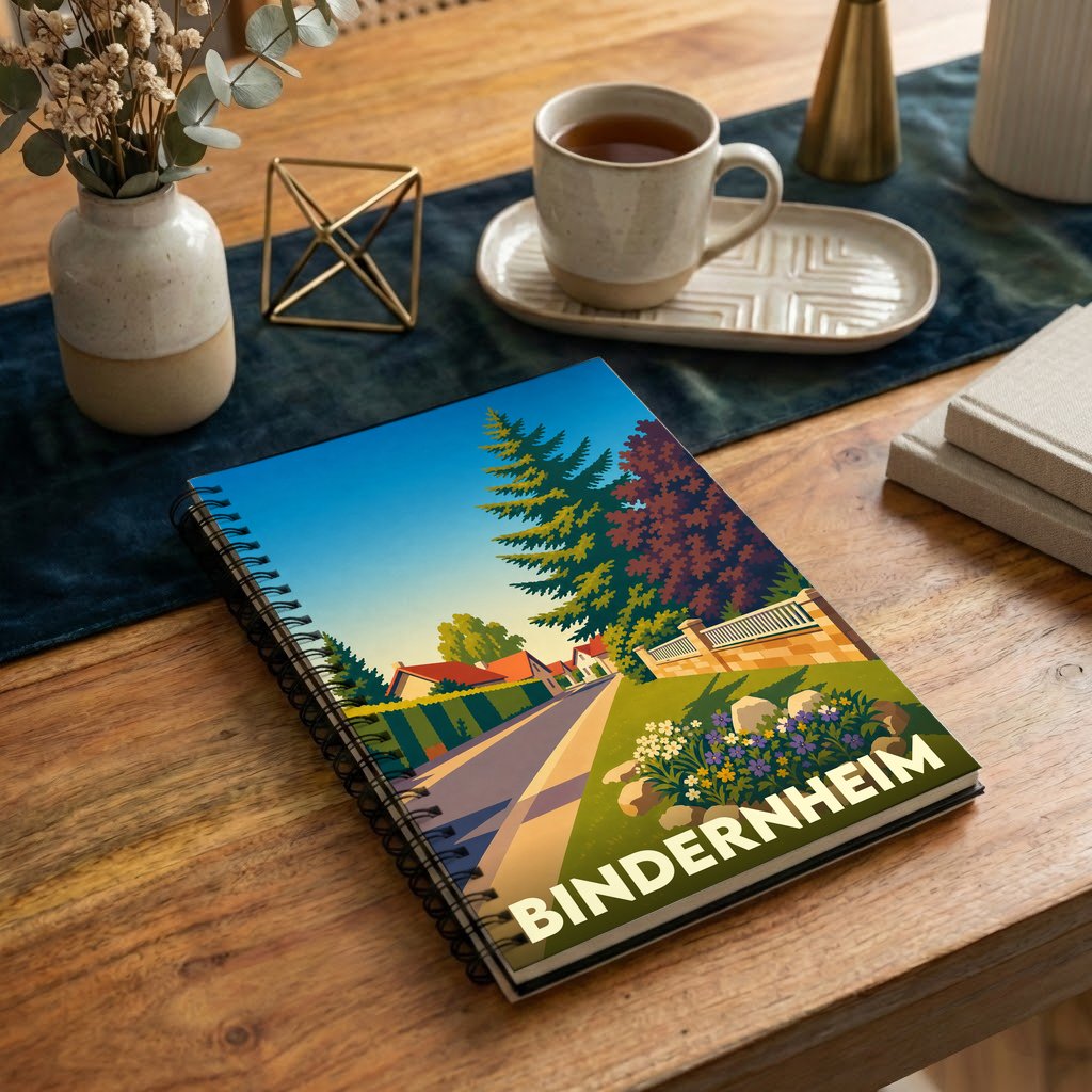 Carnet souvenir de la ville de Bindernheim avec une illustration stylisée d'un paysage urbain verdoyant.