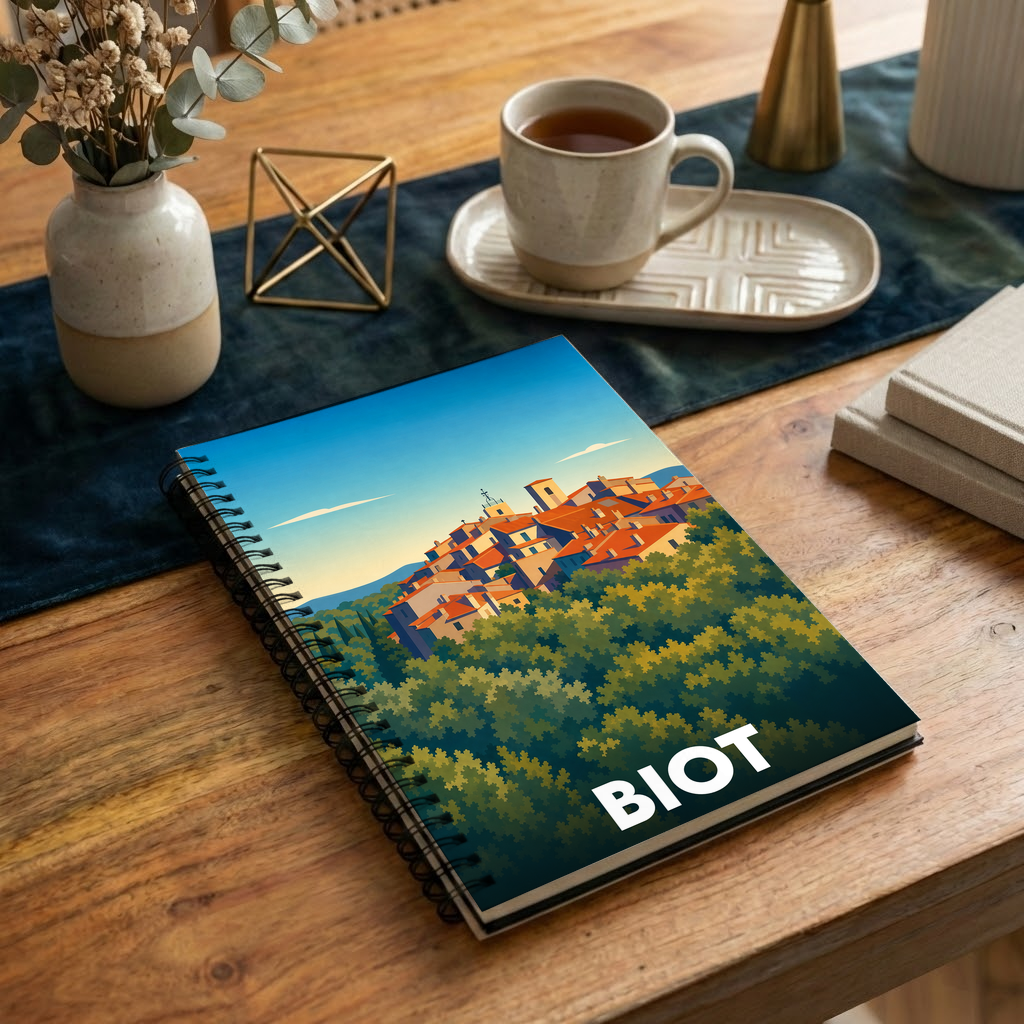Carnet à spirale souvenir de la ville de Biot avec une illustration stylisée de son village perché.