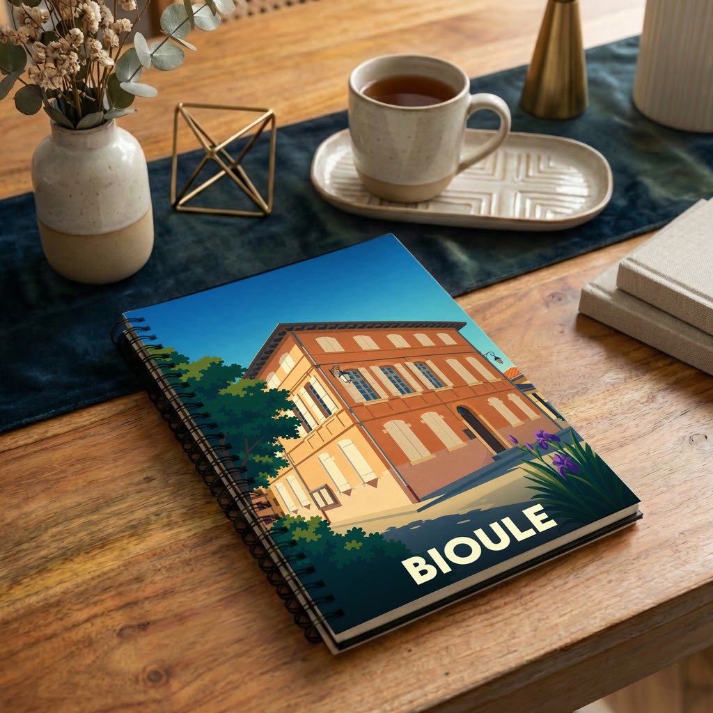 Carnet souvenir de la ville de Bioule avec une illustration stylisée de son architecture.