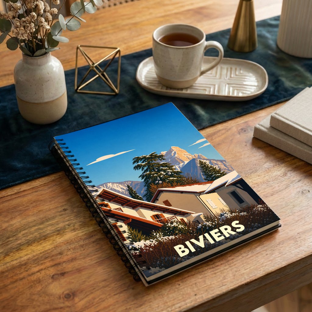 Carnet souvenir à spirale de la ville de Biviers avec une illustration stylisée de paysages montagneux enneigés.