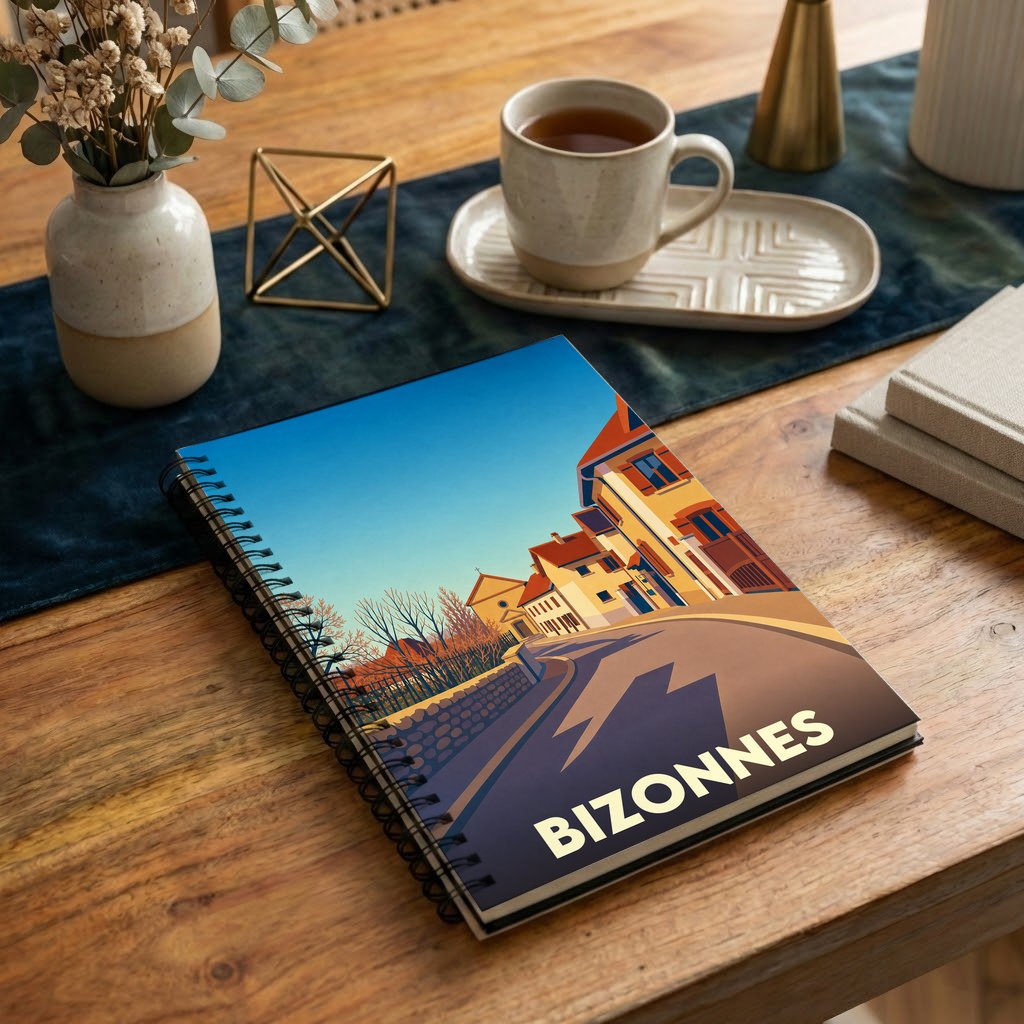 Carnet à spirales souvenir de la ville de Bizonnes avec une illustration stylisée.