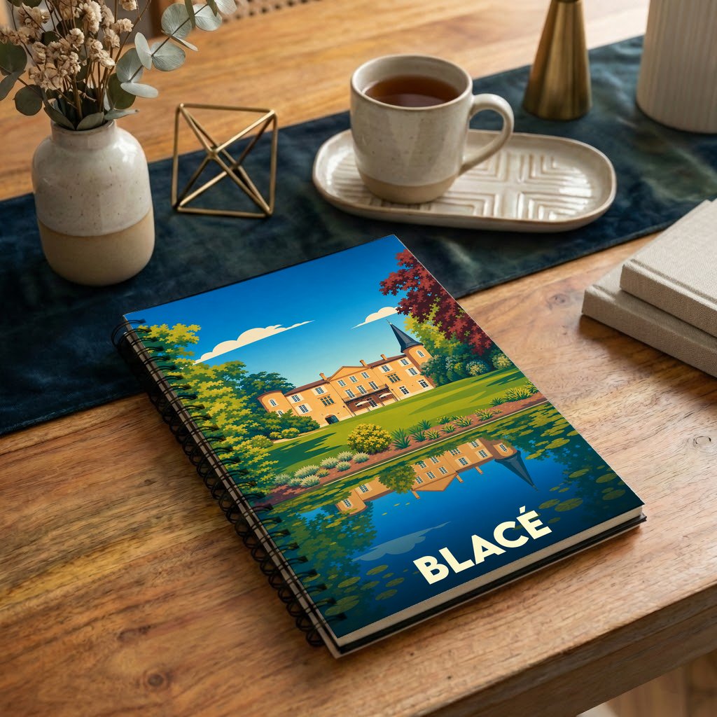 Carnet à spirales souvenir de la ville de Blacé orné d'une illustration stylisée de son château se reflétant dans l'eau.