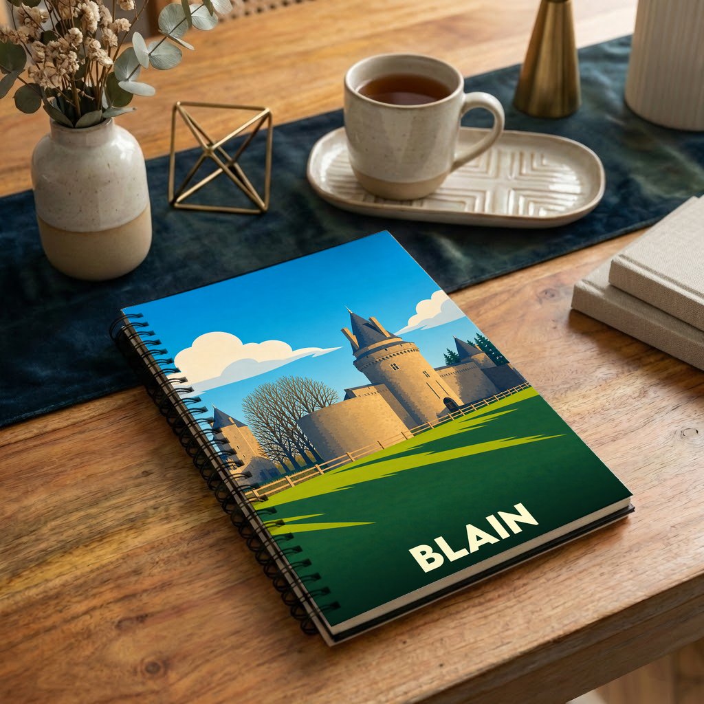 Carnet souvenir de la ville de Blain avec une illustration stylisée de son château.