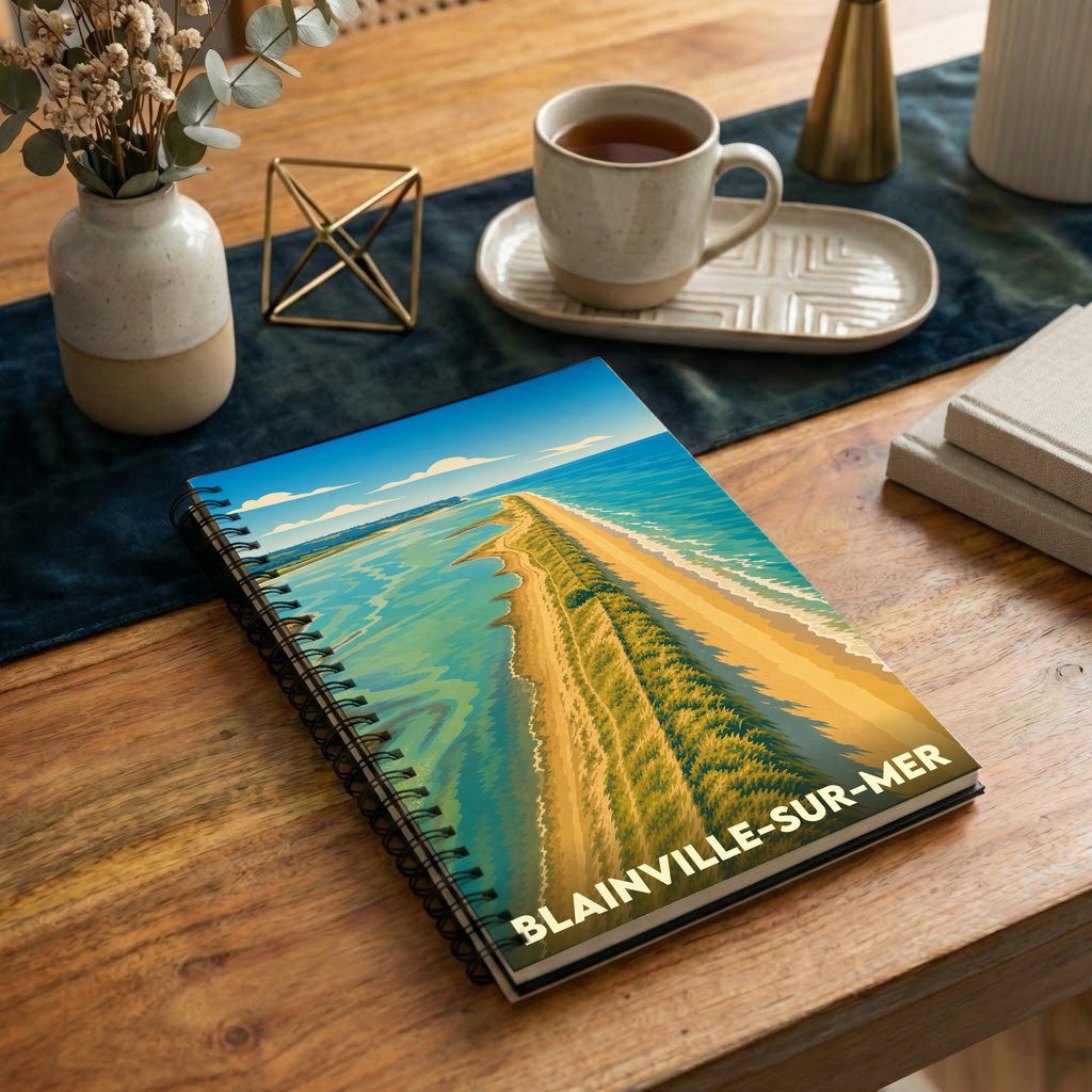 Carnet souvenir de Blainville-sur-Mer illustré par une vue aérienne stylisée du littoral.