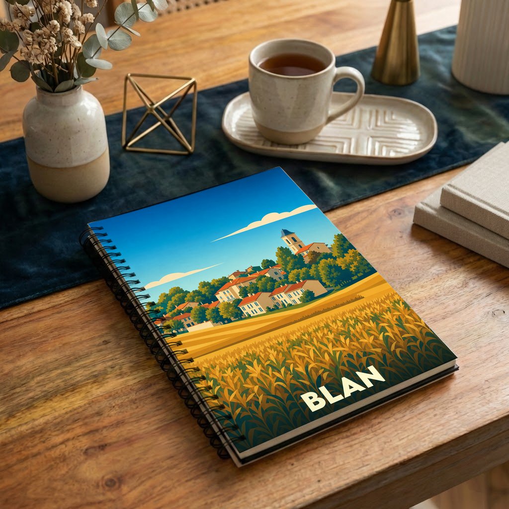 Carnet à spirales souvenir de la ville de Blan avec une illustration stylisée d'un paysage champêtre.