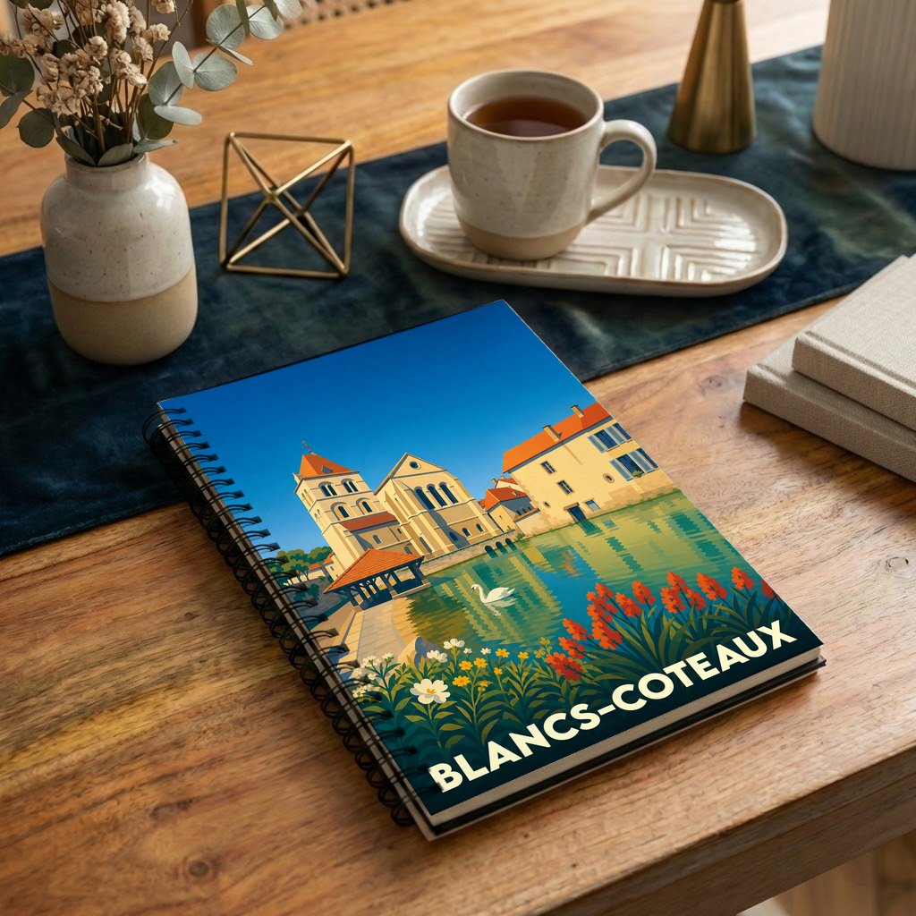 Carnet à spirales souvenir de la ville de Blancs-Coteaux avec une illustration stylisée.