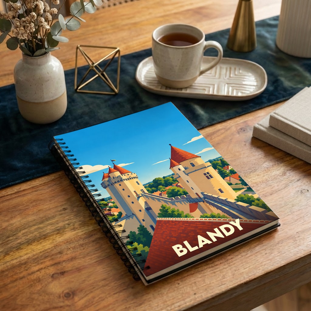 Carnet à spirales souvenir du château de Blandy avec une illustration stylisée.