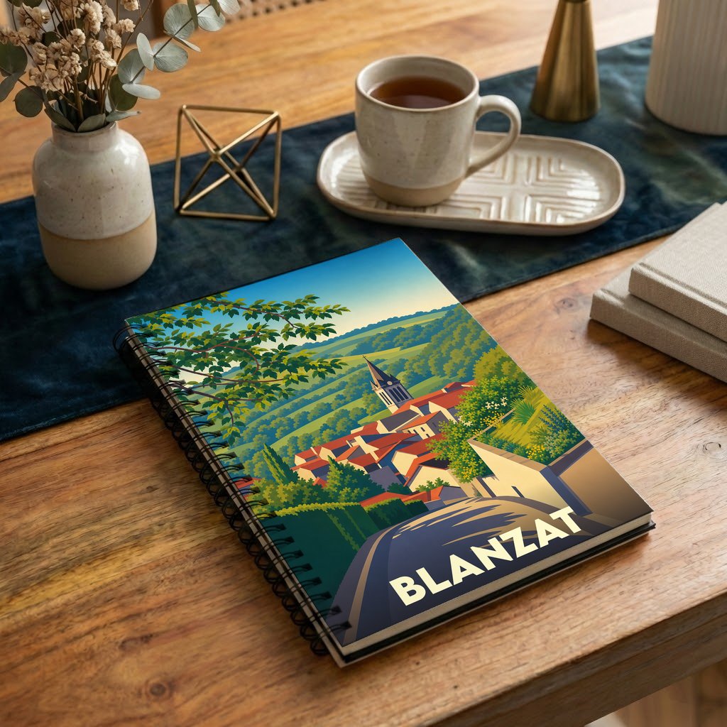 Carnet à spirale souvenir de la ville de Blanzat avec une illustration stylisée de son paysage urbain et vallonné.