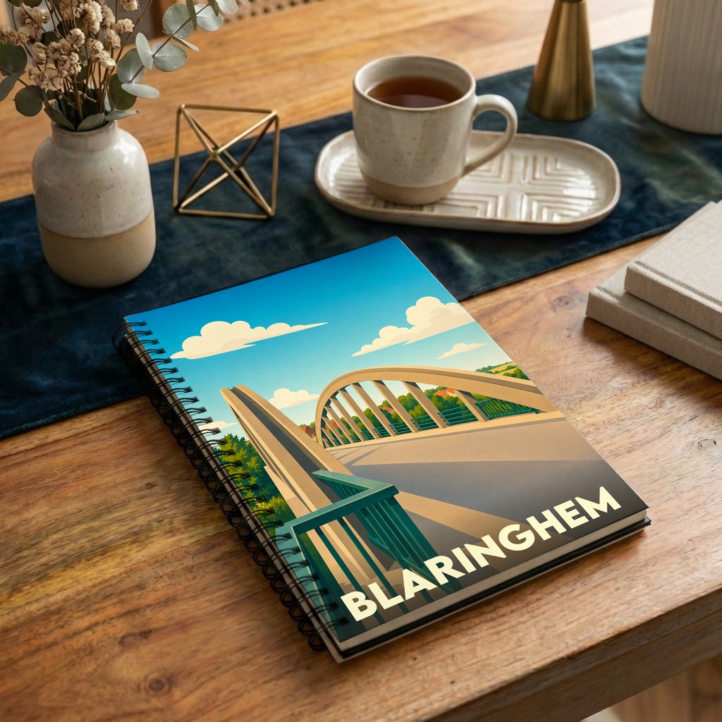 Carnet à spirales souvenir de la ville de Blaringhem avec une illustration stylisée de son pont.