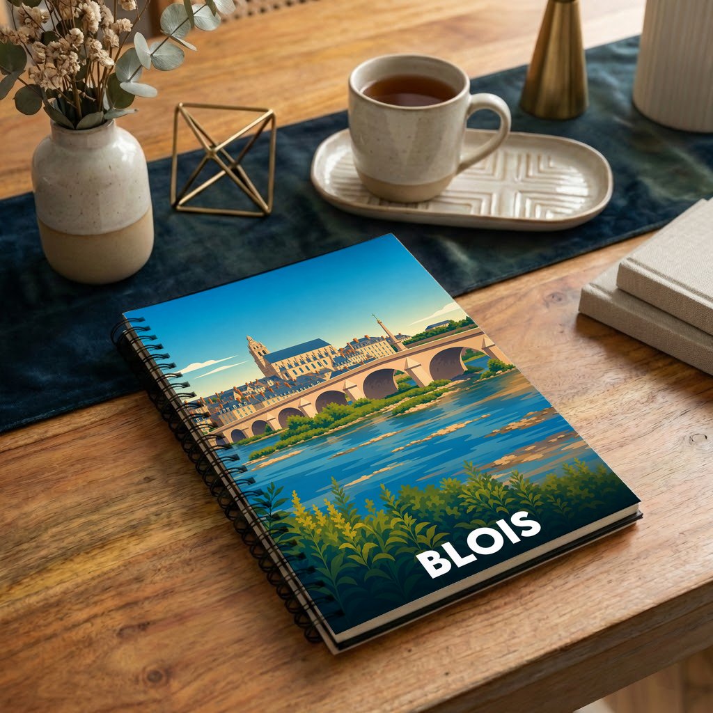 Carnet à spirales souvenir de la ville de Blois avec une illustration stylisée de son pont et de son château.
