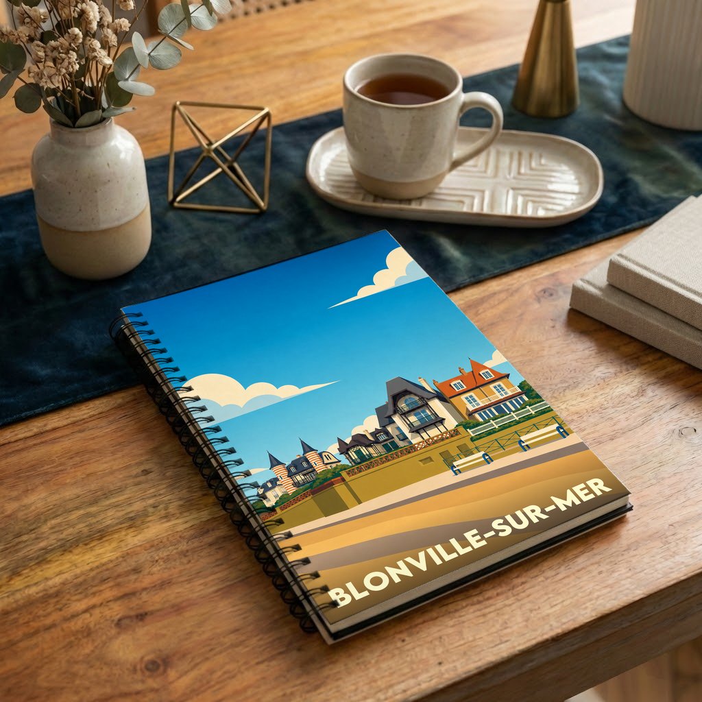 Carnet à spirales souvenir de Blonville-sur-Mer avec une illustration stylisée du front de mer.